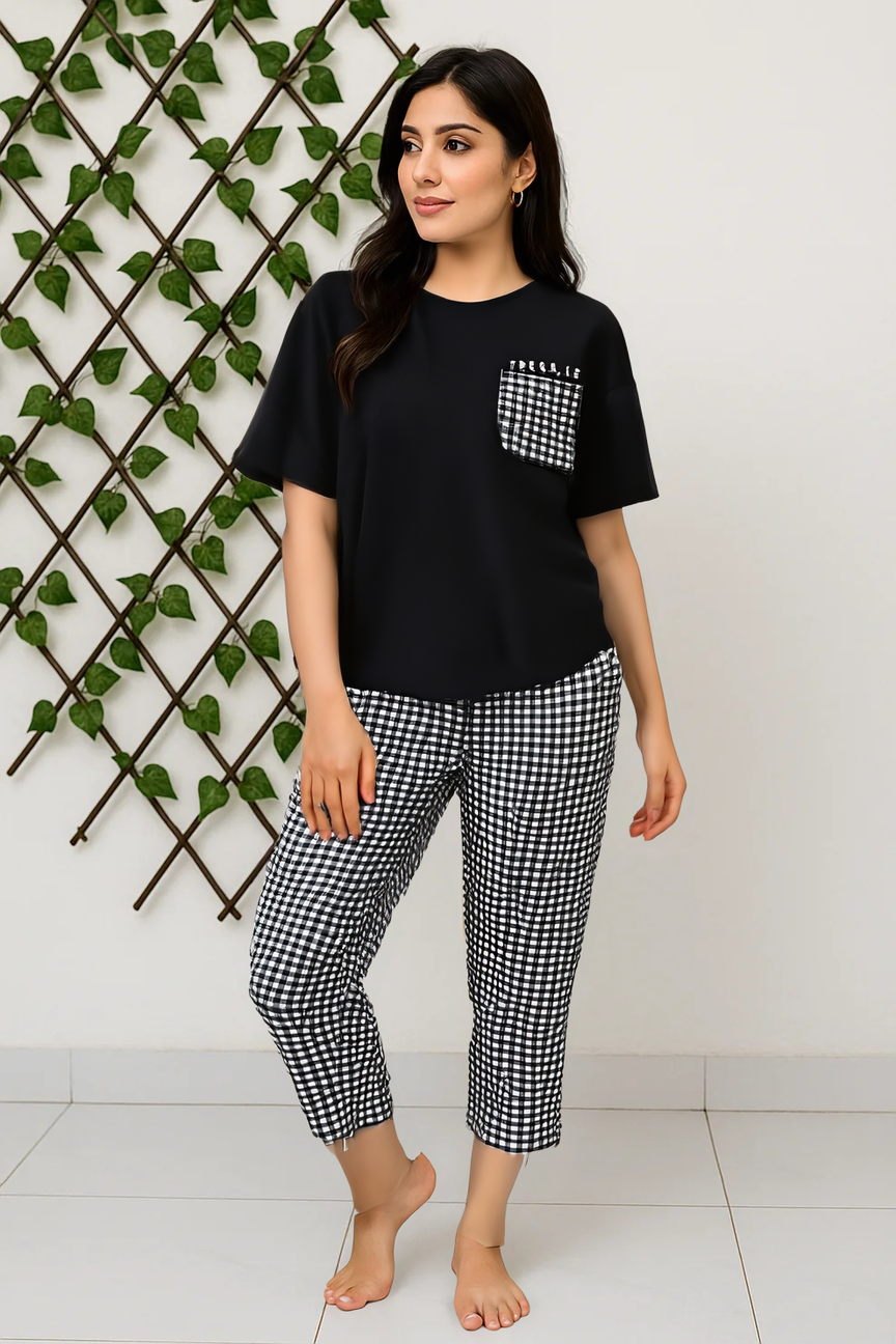 Trellis Print Black Soft Cotton PJ Suit