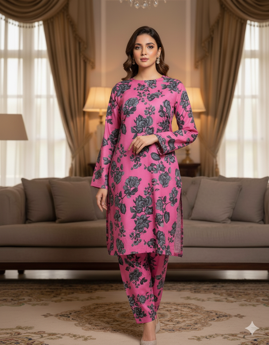 MICRO POLO COTTON- 2 PIECE-Pink With Black Flowers US-017