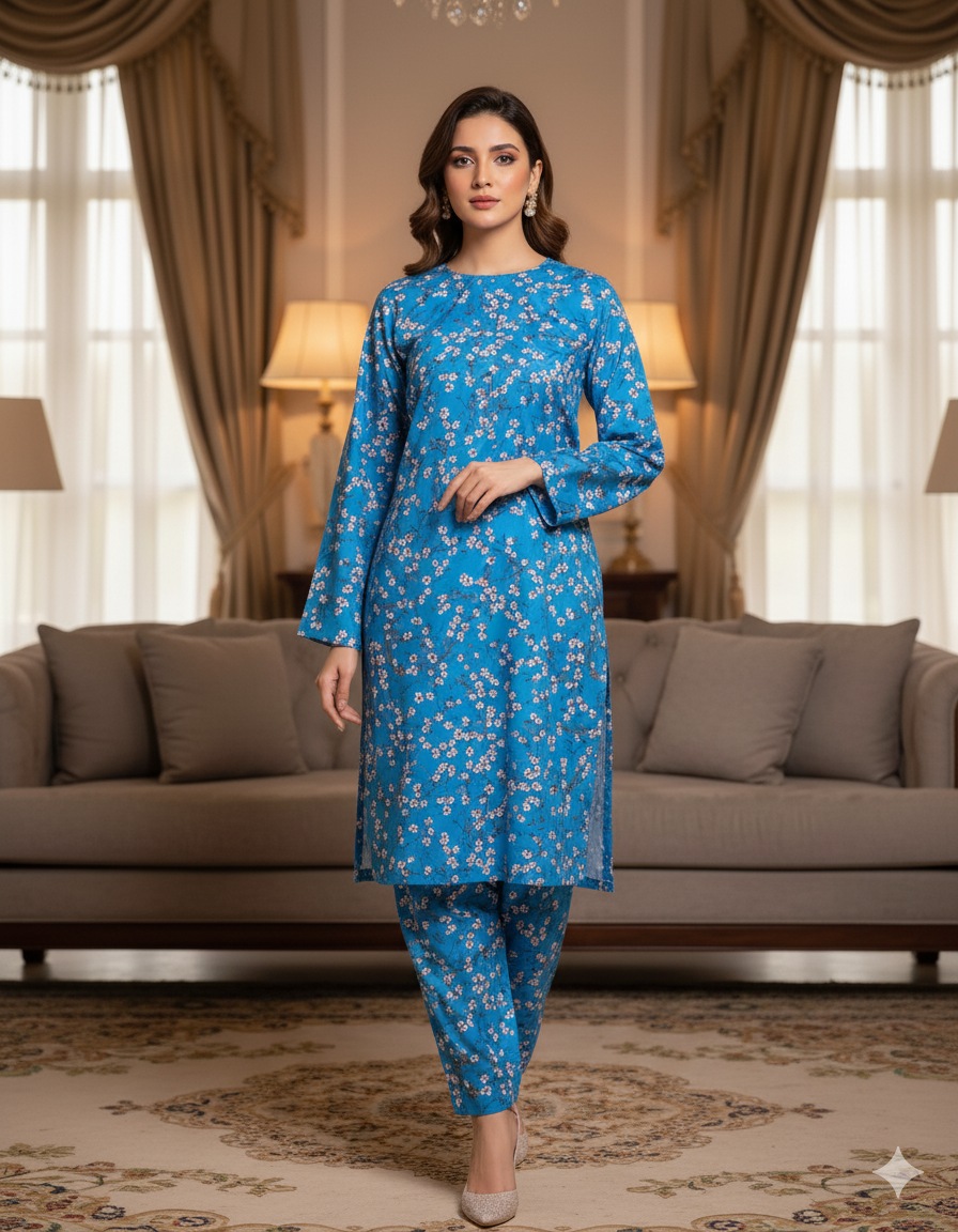 MICRO POLO COTTON- 2 PIECE-Blue With Small Flowers US-013