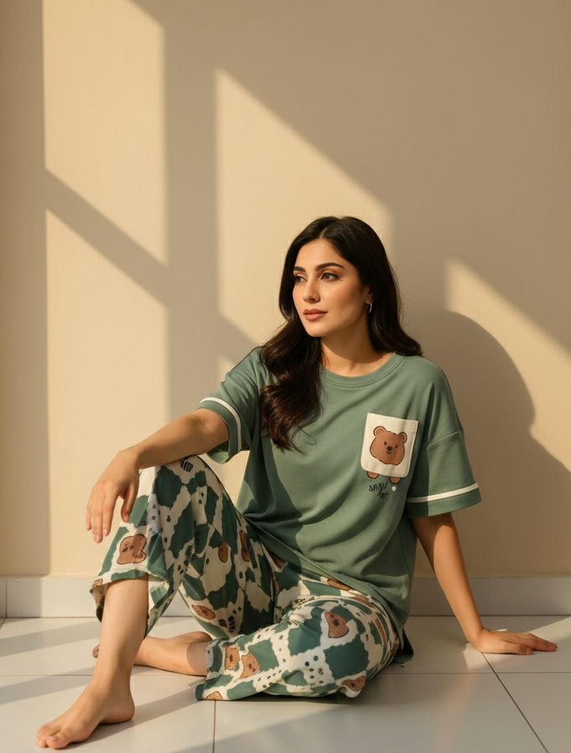 MJ Green Bear Soft Cotton PJ Suit