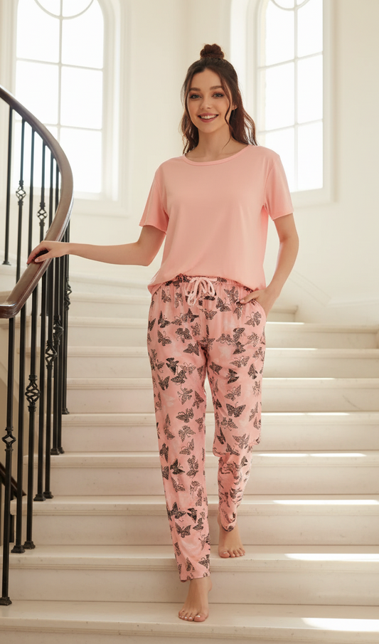 Baby Pink With Butterfly Printed Pajama Night Suit