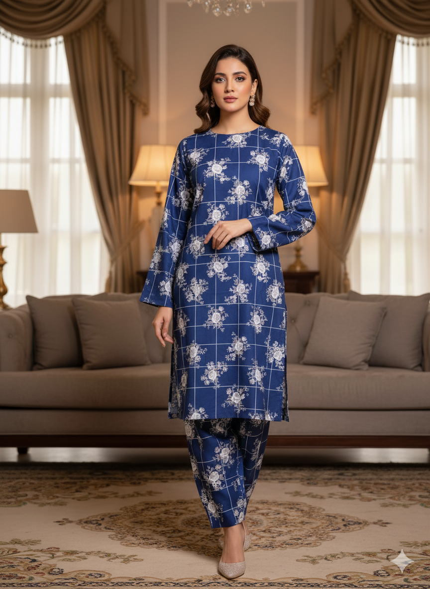 MICRO POLO COTTON- 2 PIECE-Blue With White Flowers US-015