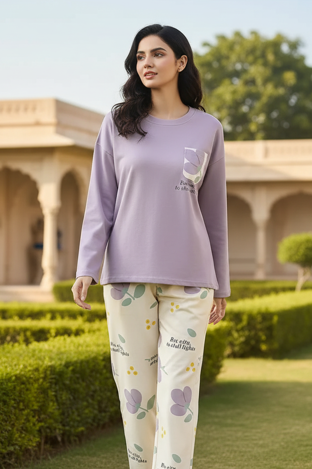 Lilac Pocket Flower Full Sleeves Pj Suit
