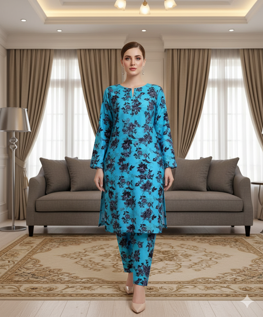 MICRO POLO COTTON- 2 PIECE-Ferozi With Black Flowers US-020