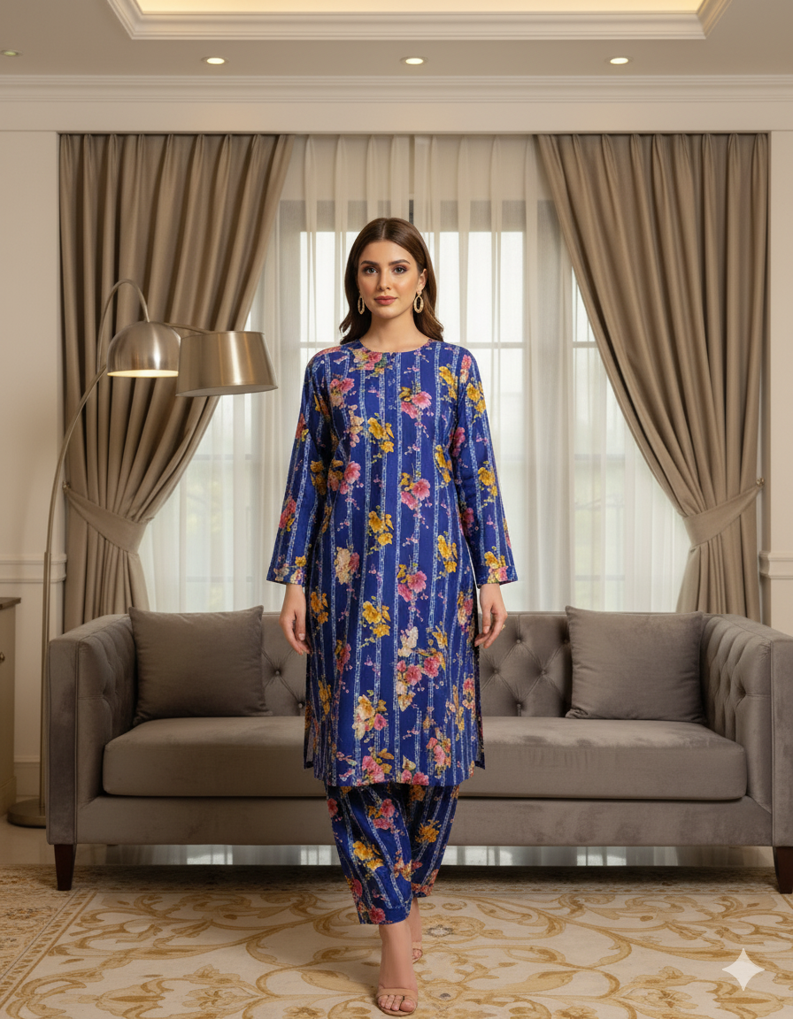 MICRO POLO COTTON- 2 PIECE-Blue With Flowers US-007