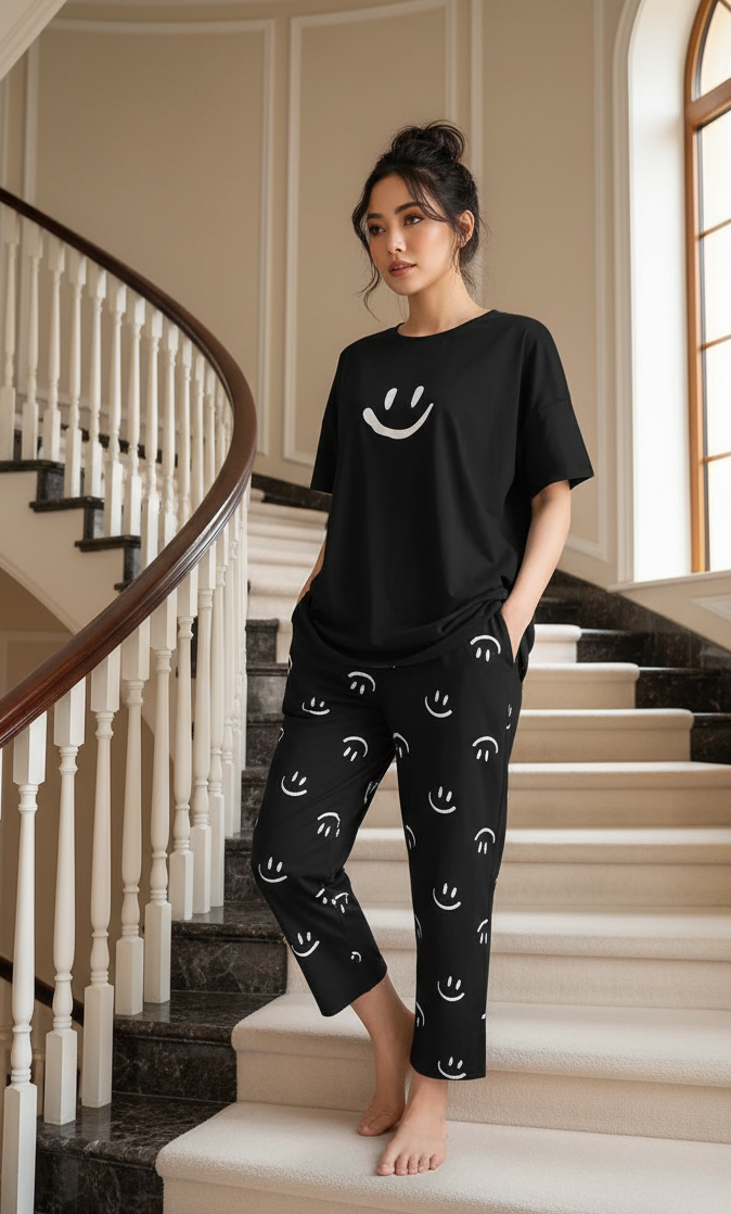 Black Smile Printed Night Suit