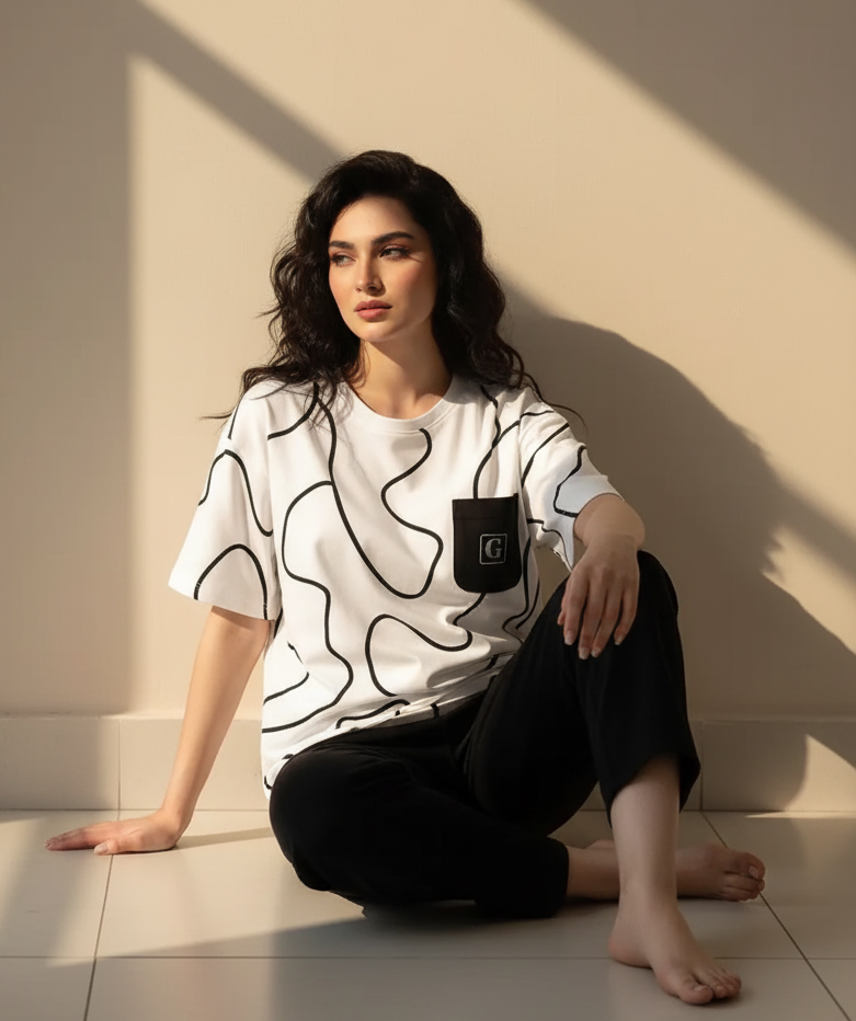 Abstract Print Black & White PJ Set"