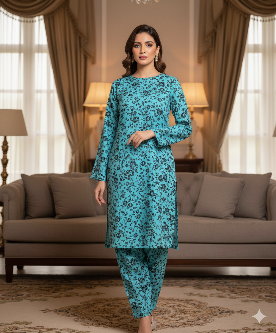 MICRO POLO COTTON- 2 PIECE-Ferozi With Black Flowers US-004•