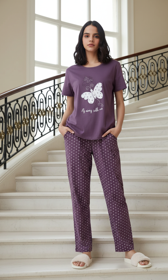 Purple Butterfly Printed Night Suit