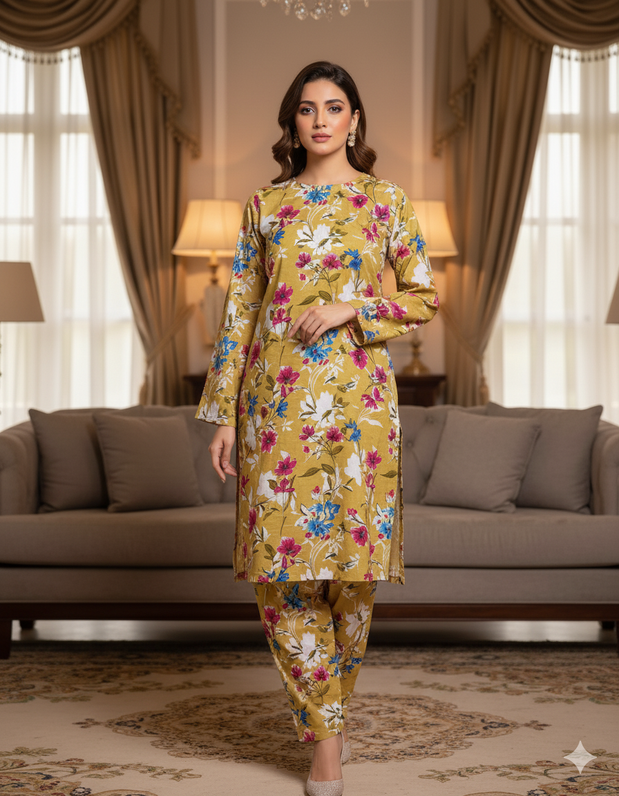 MICRO POLO COTTON- 2 PIECE-Beige With Flowers US-003