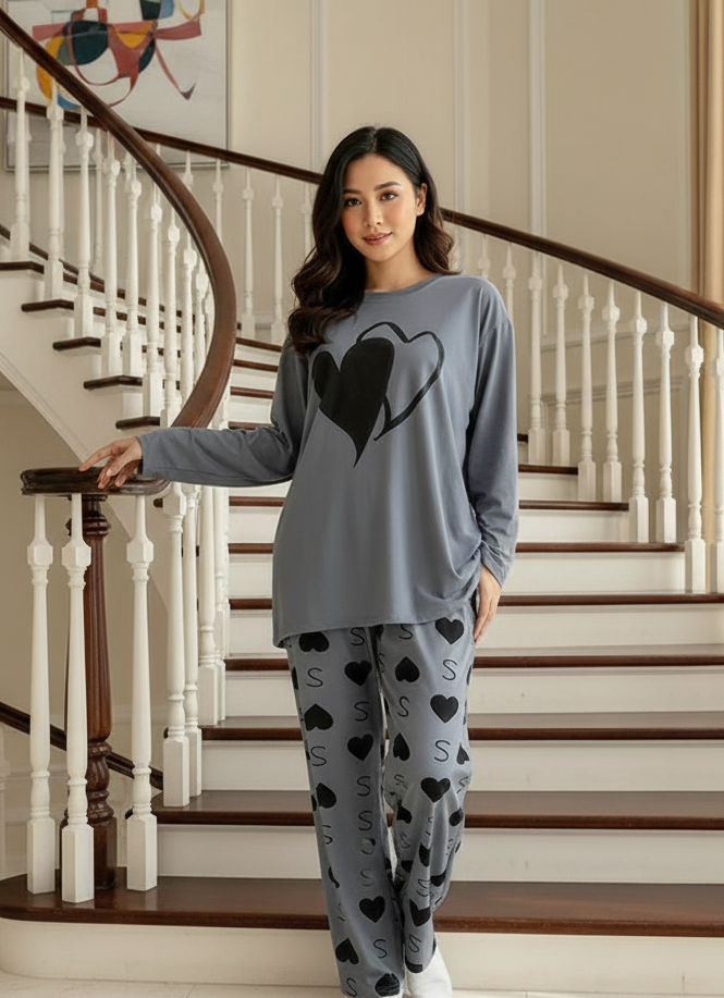 DOUBLE HEART PRINTER CHARCOAL - PJ SUIT FOR WOMEN