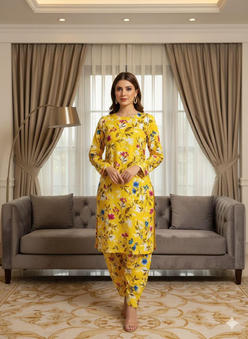 MICRO POLO COTTON- 2 PIECE-Yellow With Flowers US-002