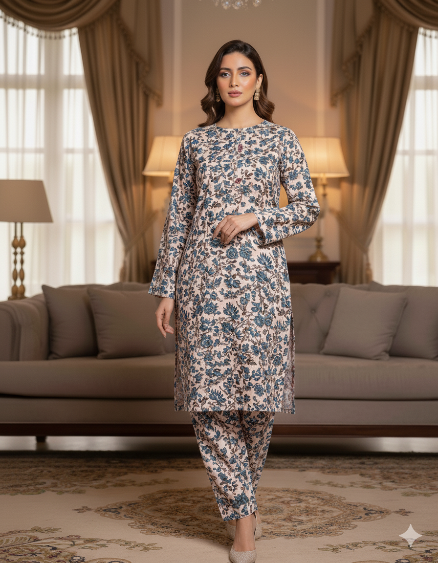 MICRO POLO COTTON- 2 PIECE-Ferozi With Black Flowers US-019