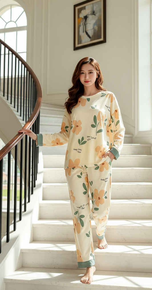 ORANGE FLOWER PRINTED PJ SUIT FULL SLEEVES PJ SUIT