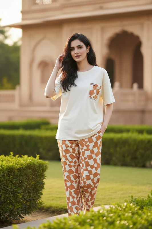 Brown White Blocks Print Soft Cotton PJ Suit