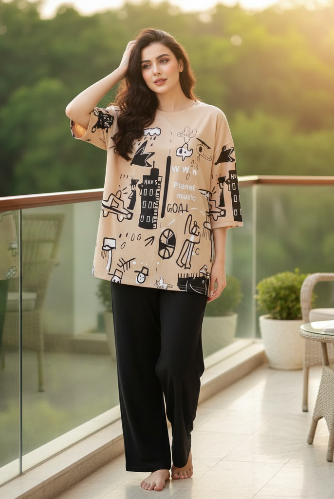 PLANET PRINTED BROWN - PJ SUIT FOR WOMEN