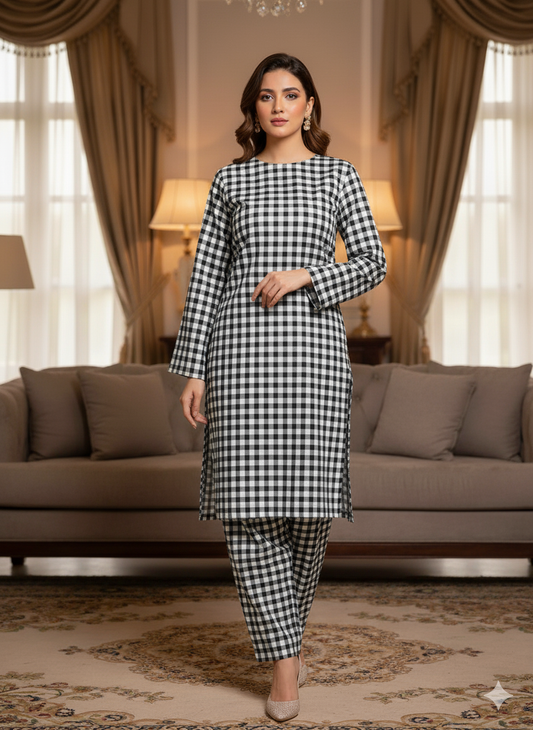 MICRO POLO COTTON- 2 PIECE-Black & White Check US-016