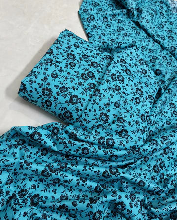 MICRO POLO COTTON- 2 PIECE-Ferozi With Black Flowers US-004•