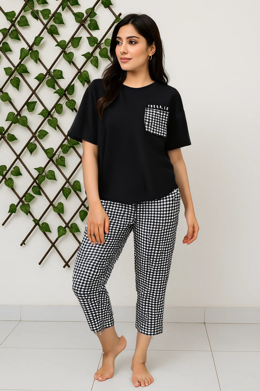 Trellis Print Black Soft Cotton PJ Suit