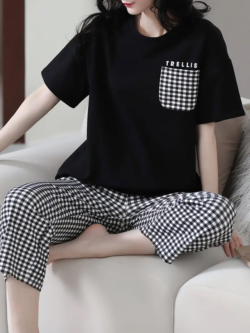 Trellis Print Black Soft Cotton PJ Suit