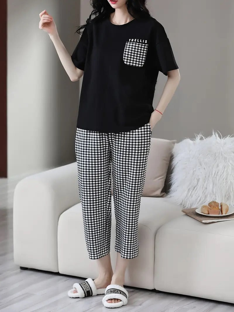 Trellis Print Black Soft Cotton PJ Suit
